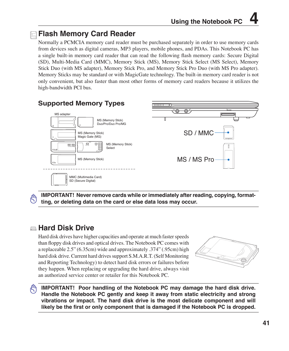 Hard disk drive, Sd / mmc ms / ms pro | Asus Z96J User Manual | Page 41 / 67