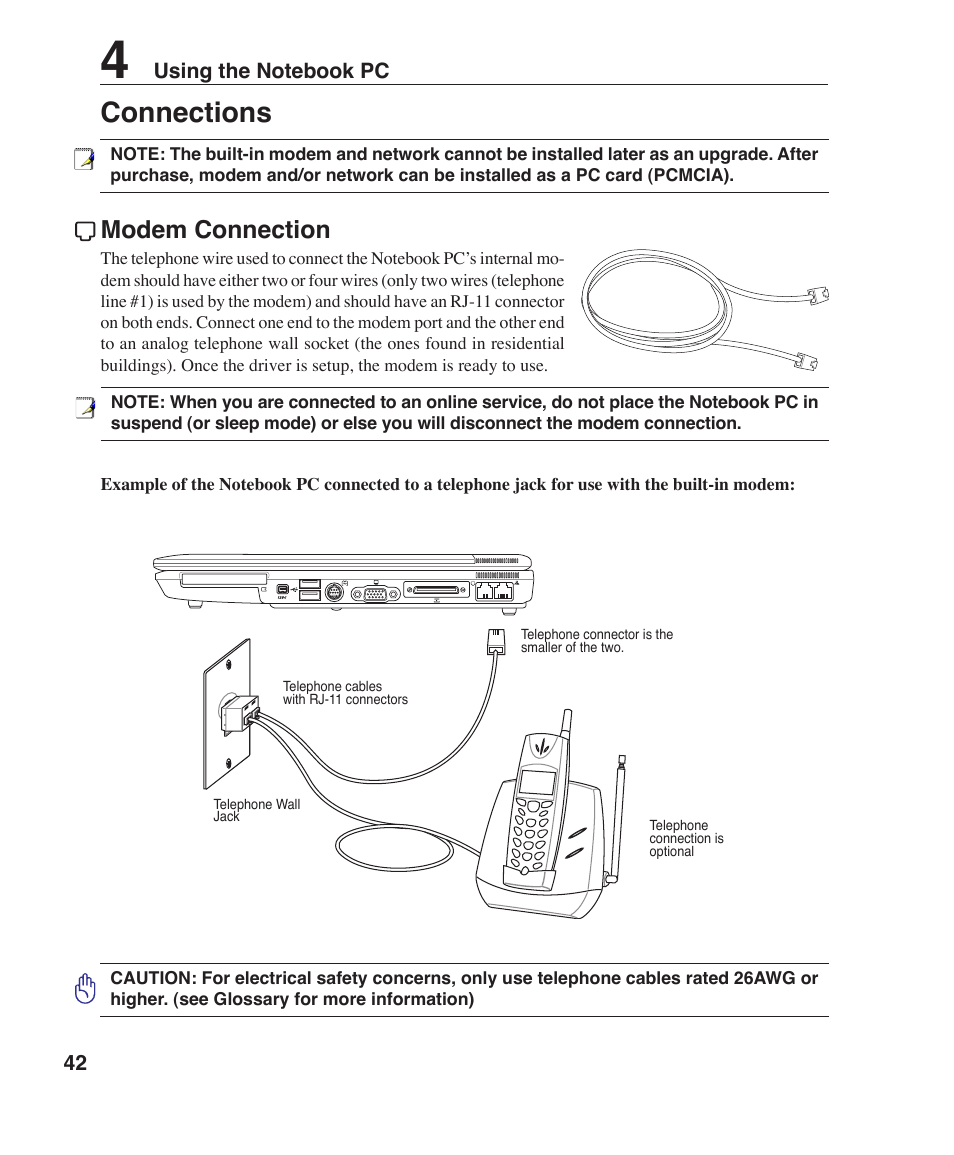 Connections, Modem connection | Asus Z96J User Manual | Page 42 / 67