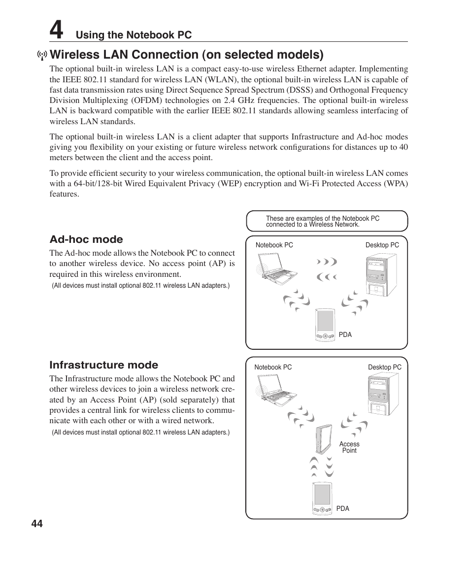 Wireless lan connection (on selected models) | Asus Z96J User Manual | Page 44 / 67