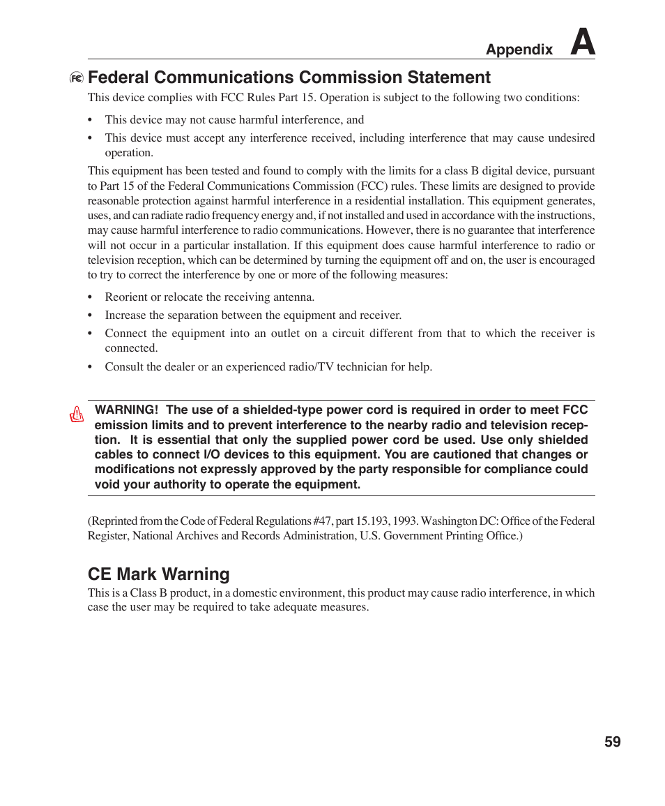 Federal communications commission statement, Ce mark warning | Asus Z96J User Manual | Page 59 / 67