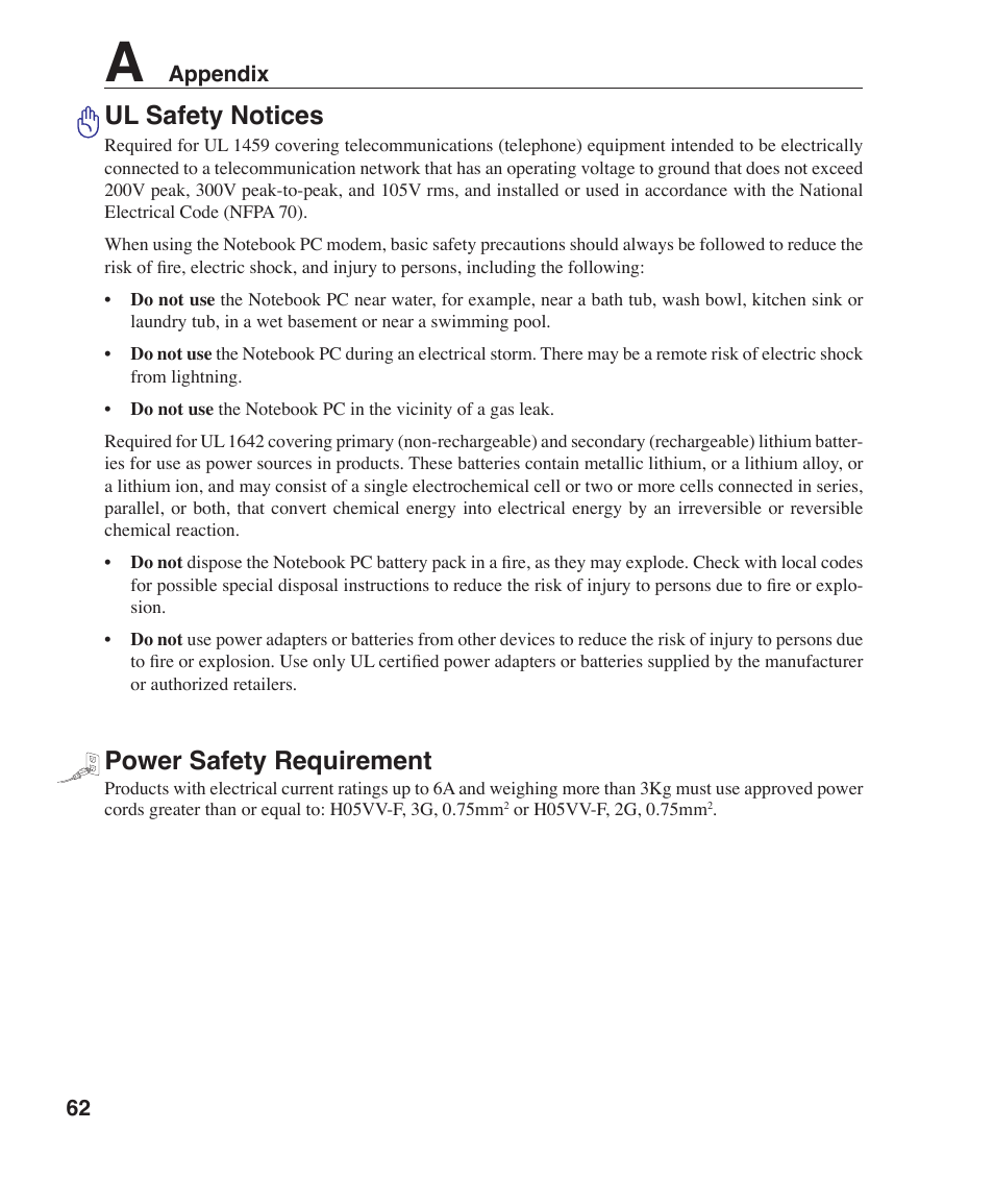 Ul safety notices, Power safety requirement | Asus Z96J User Manual | Page 62 / 67