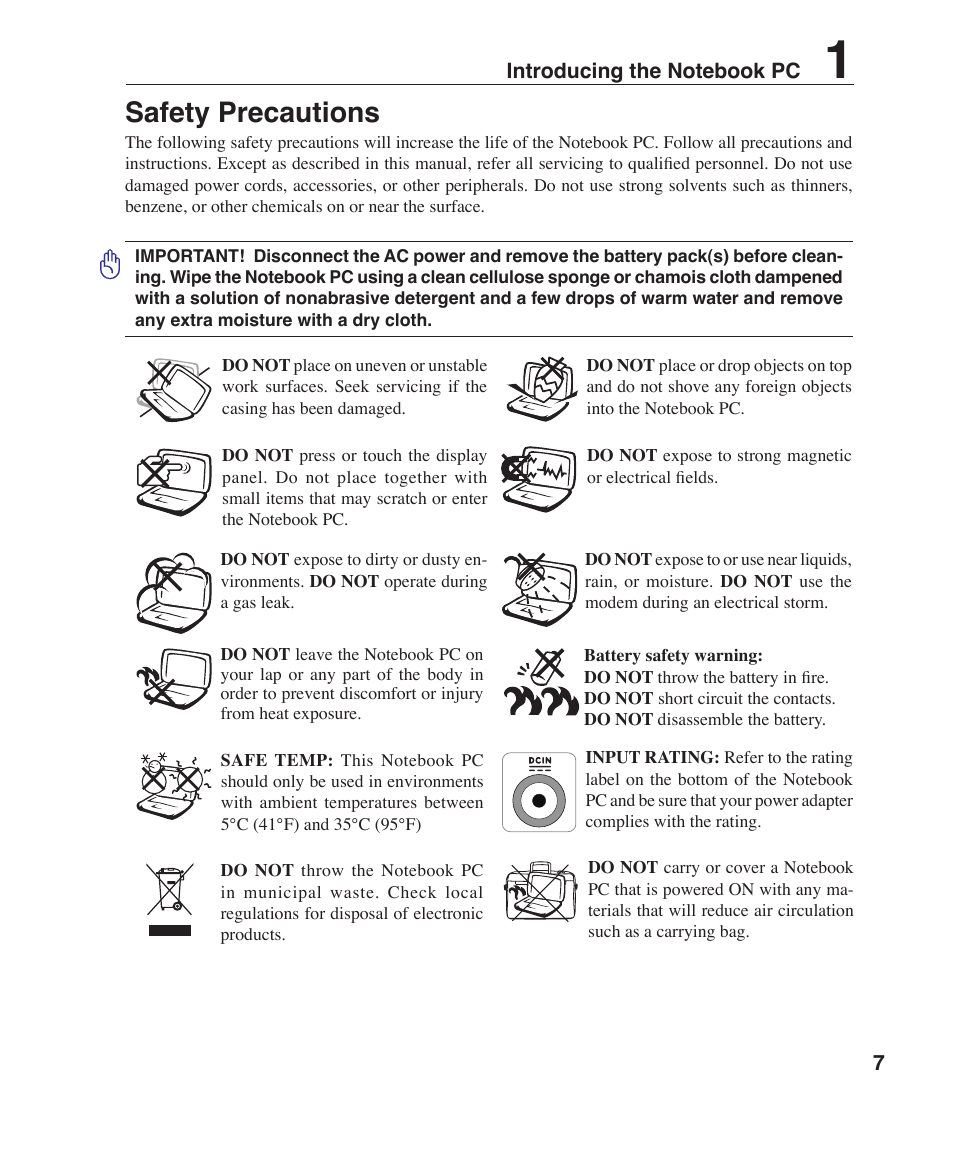 Safety precautions | Asus Z96J User Manual | Page 7 / 67