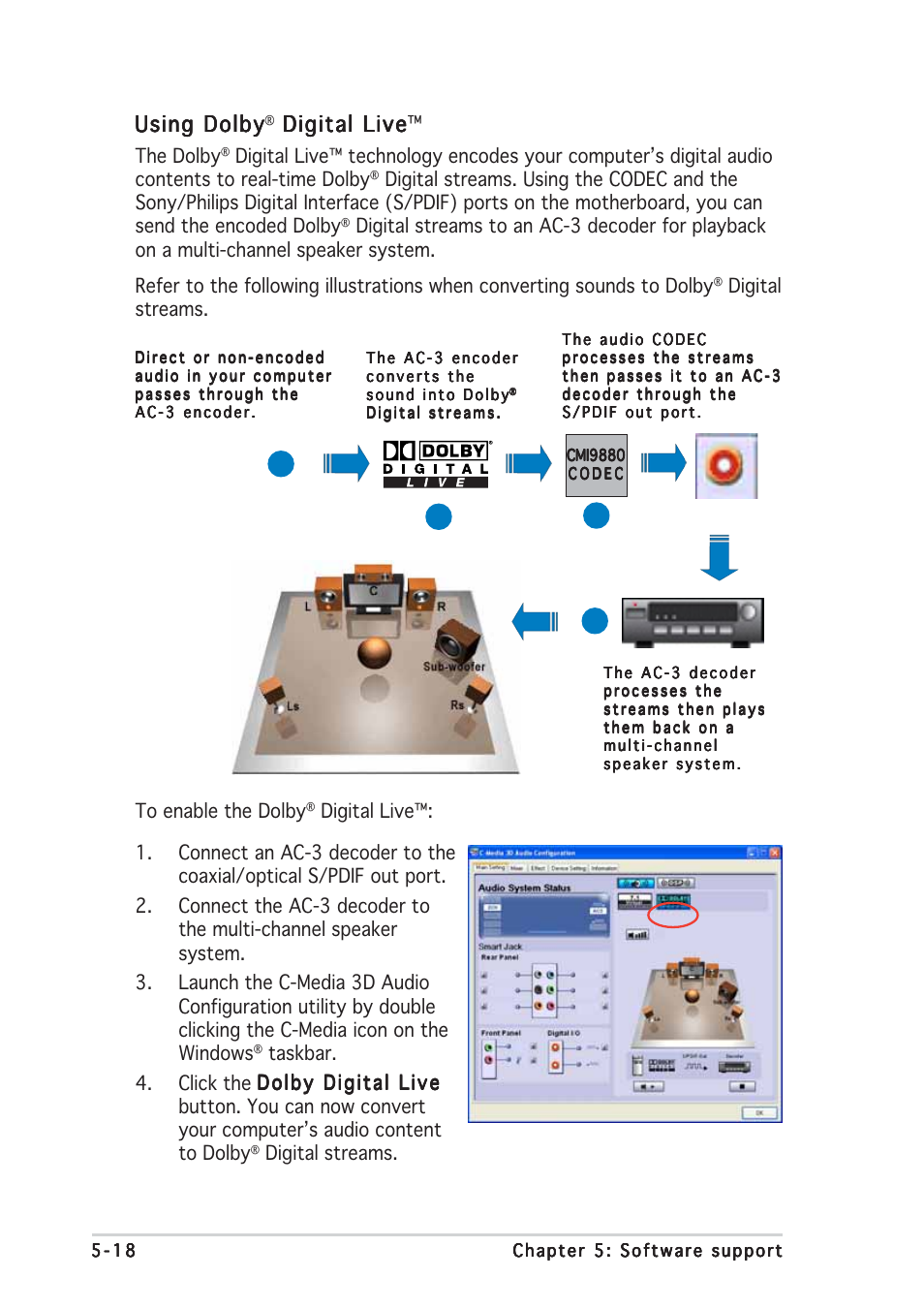 Using dolby, Digital live, Digital live digital live | The dolby, Digital streams | Asus P5AD2 Premium User Manual | Page 128 / 152