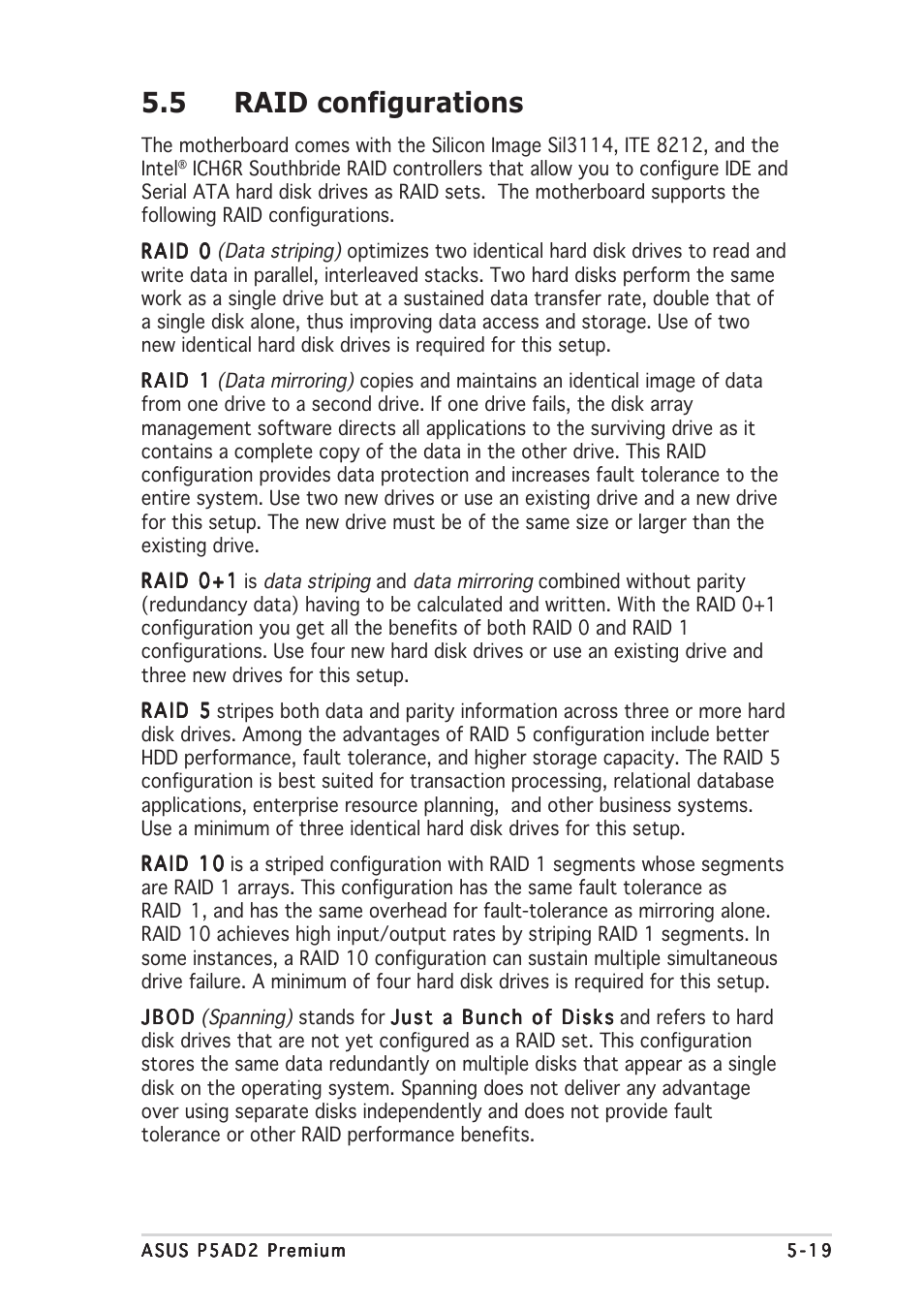 5 raid configurations | Asus P5AD2 Premium User Manual | Page 129 / 152