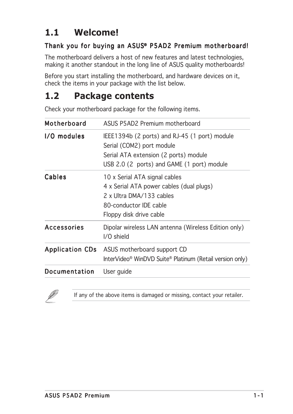 1 welcome, 2 package contents | Asus P5AD2 Premium User Manual | Page 15 / 152