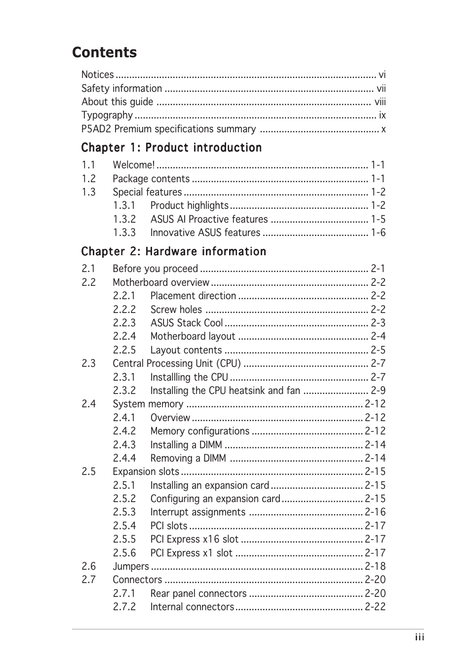 Asus P5AD2 Premium User Manual | Page 3 / 152