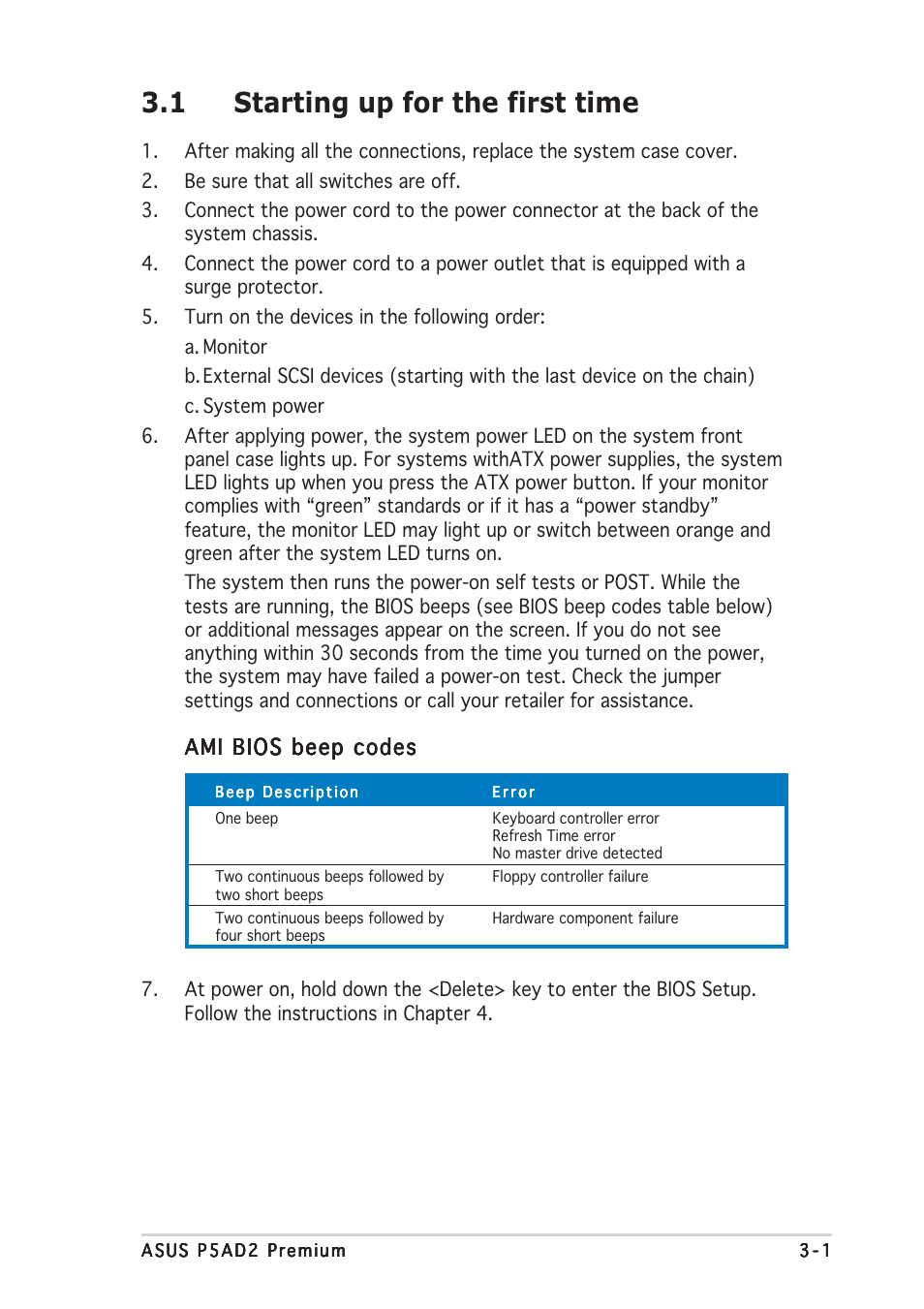 1 starting up for the first time, Ami bios beep codes | Asus P5AD2 Premium User Manual | Page 57 / 152