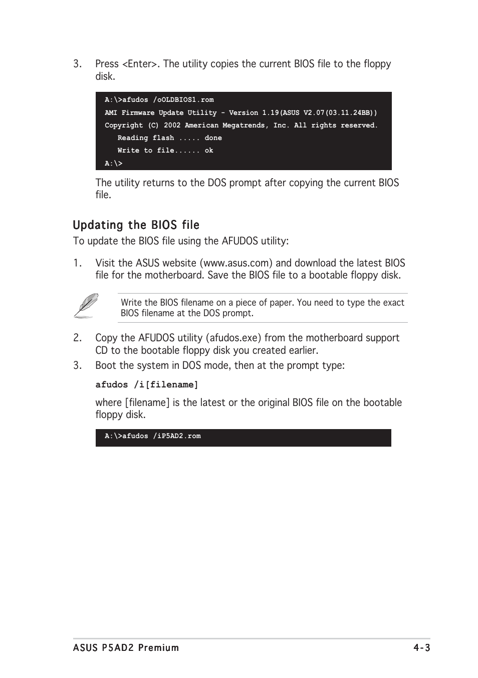 Updating the bios file | Asus P5AD2 Premium User Manual | Page 69 / 152