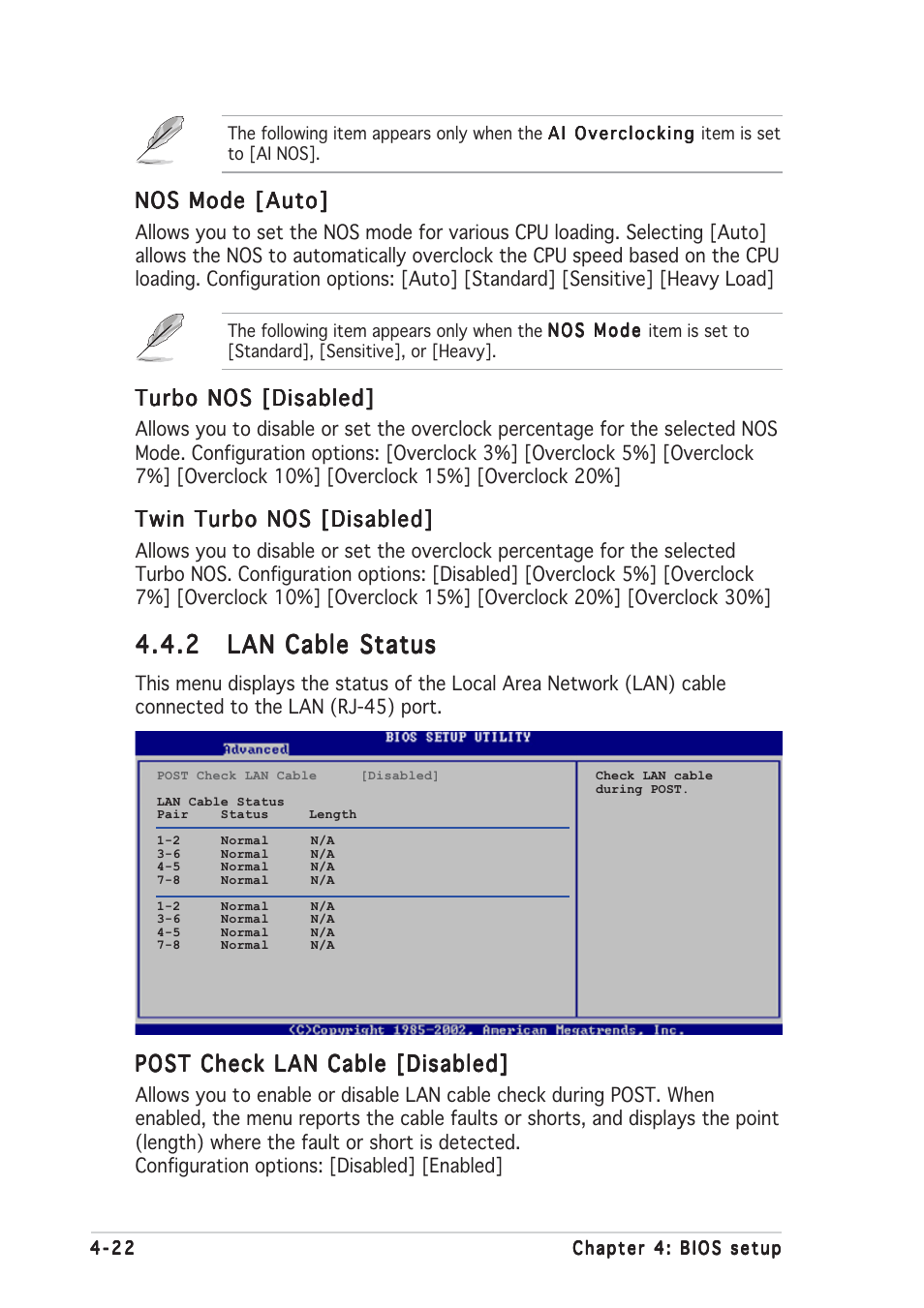 Nos mode [auto, Turbo nos [disabled, Twin turbo nos [disabled | Post check lan cable [disabled | Asus P5AD2 Premium User Manual | Page 88 / 152