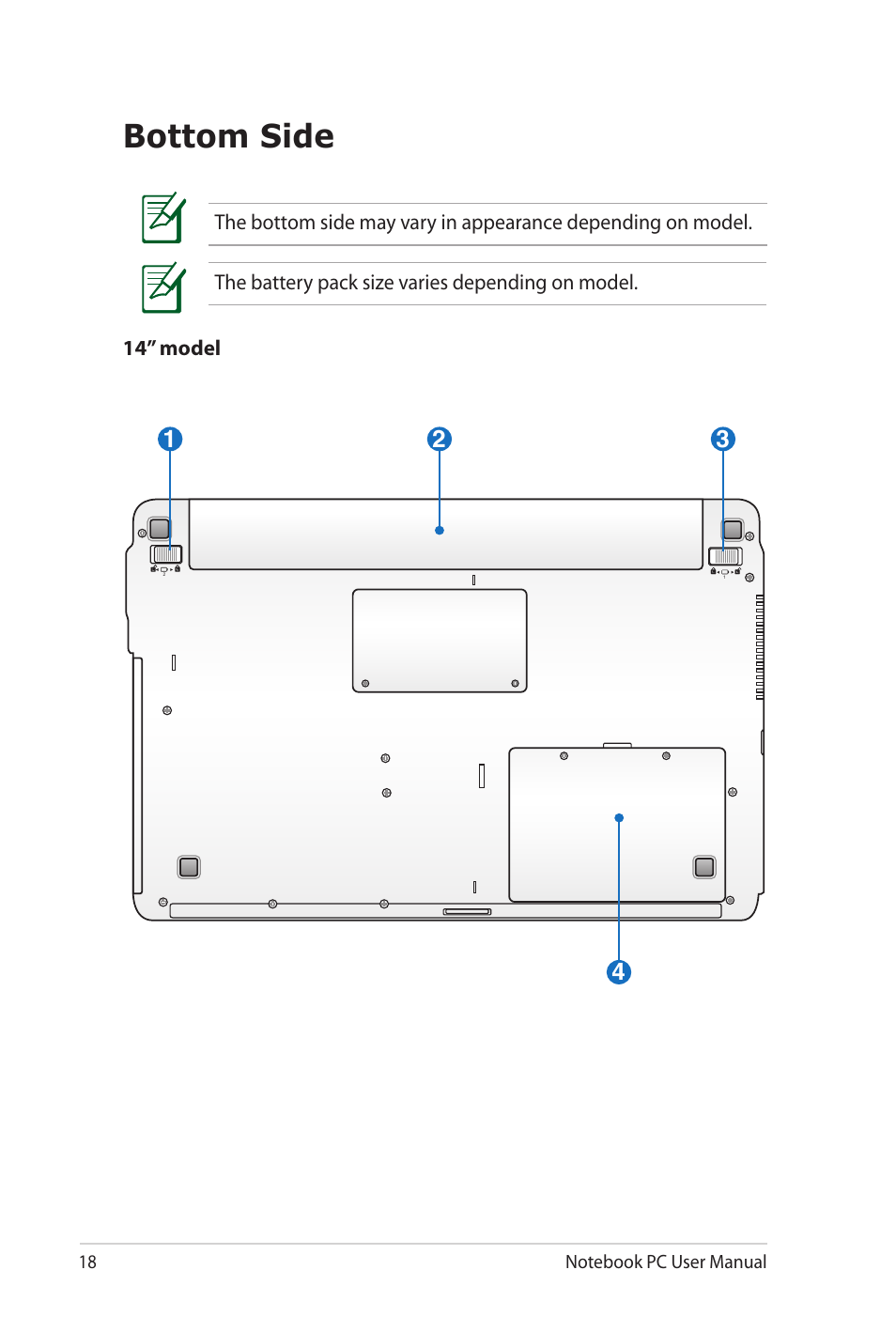 Bottom side | Asus P52Jc User Manual | Page 18 / 118