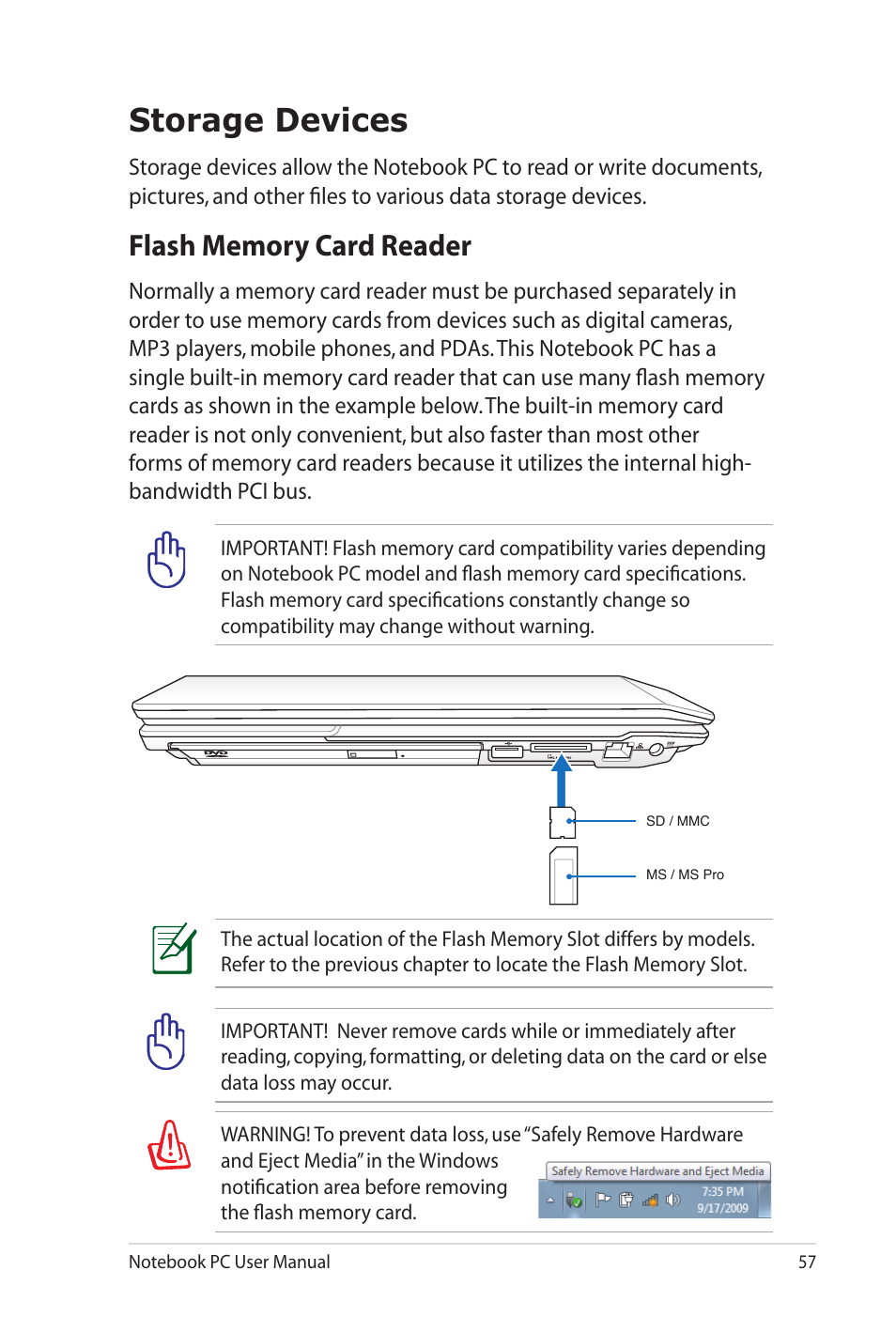 Storage devices, Flash memory card reader | Asus P52Jc User Manual | Page 57 / 118