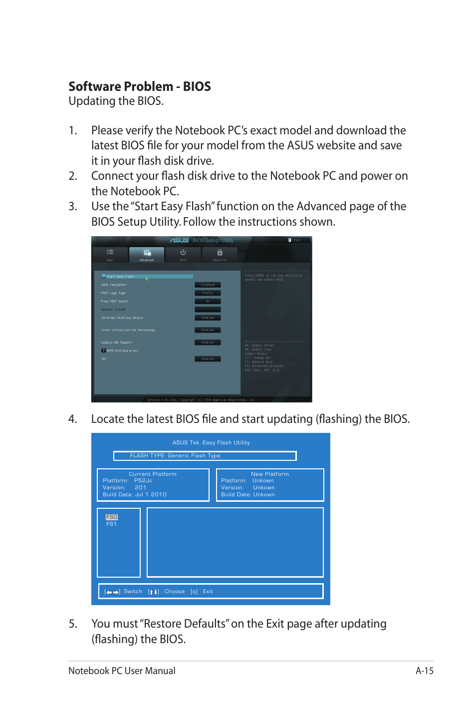 Software problem - bios | Asus P52Jc User Manual | Page 91 / 118