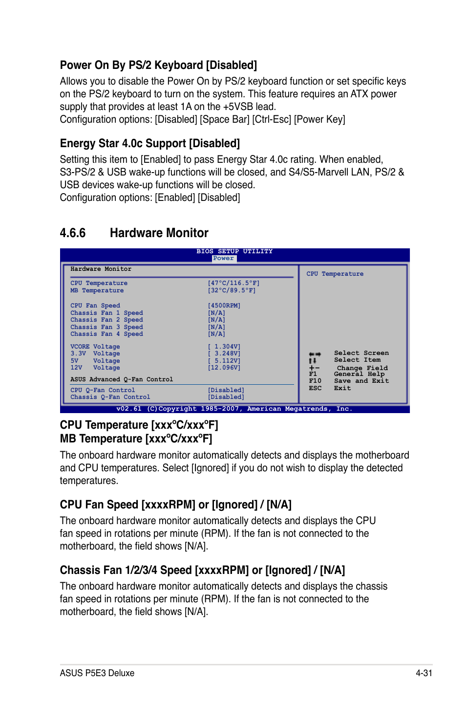 6 hardware monitor, Power on by ps/2 keyboard [disabled, Energy star 4.0c support [disabled | Asus P5E3 DELUXE/WiFi-AP User Manual | Page 101 / 186