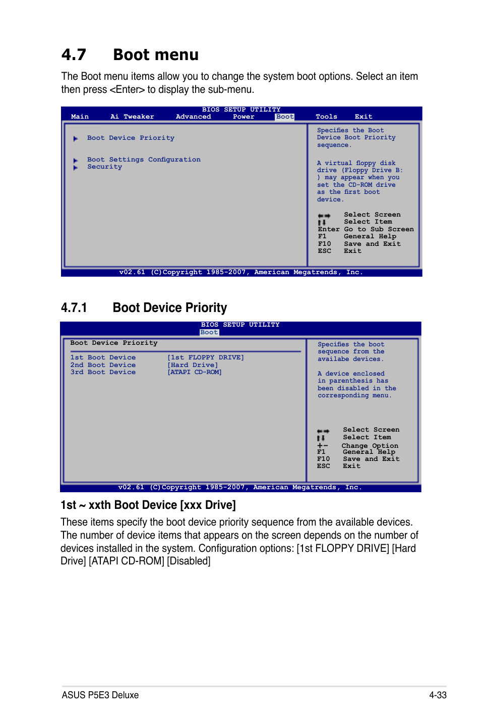 7 boot menu, 1 boot device priority, 1st ~ xxth boot device [xxx drive | Asus P5E3 DELUXE/WiFi-AP User Manual | Page 103 / 186