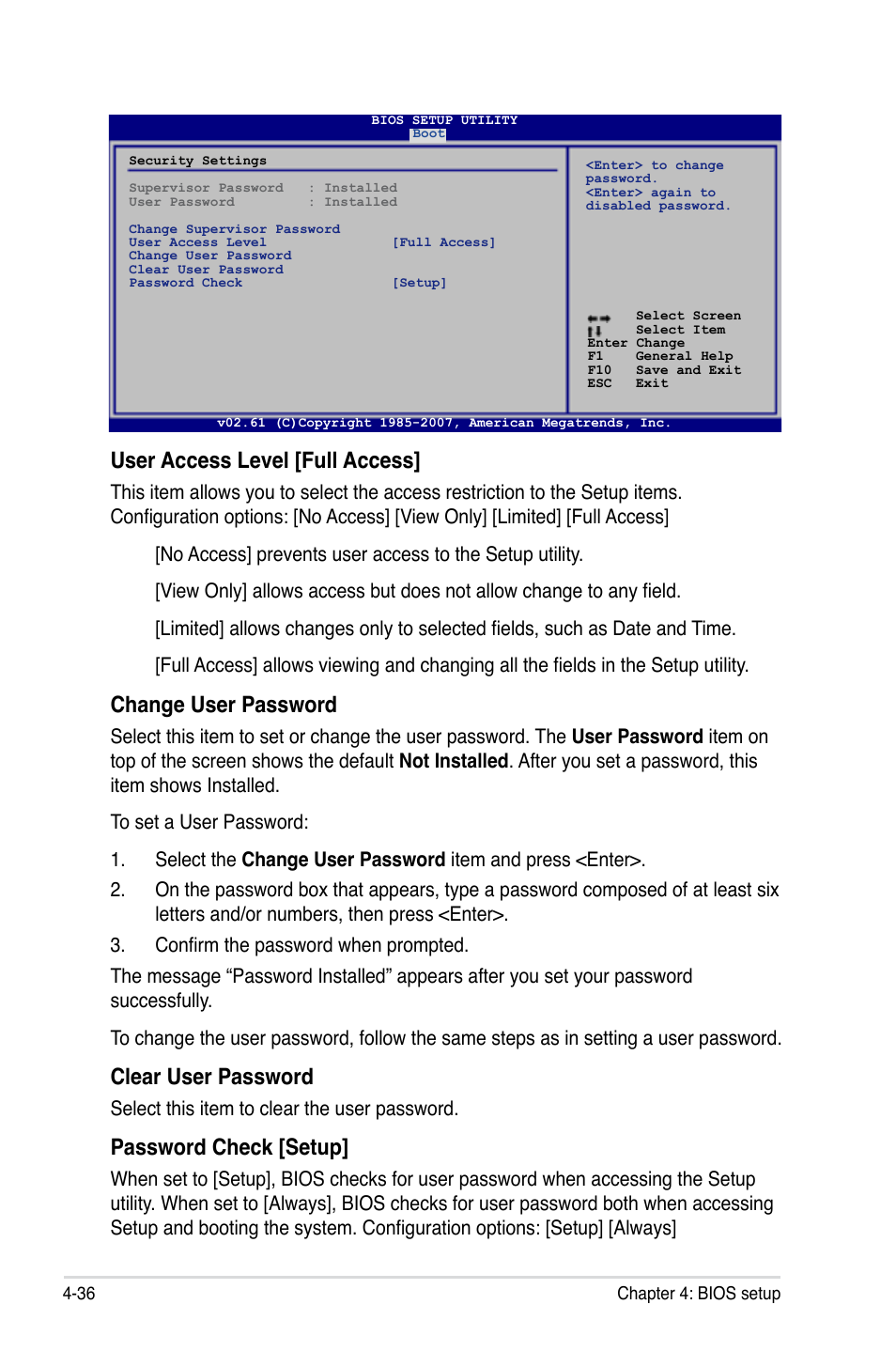 User access level [full access, Change user password, Clear user password | Password check [setup, Select this item to clear the user password | Asus P5E3 DELUXE/WiFi-AP User Manual | Page 106 / 186