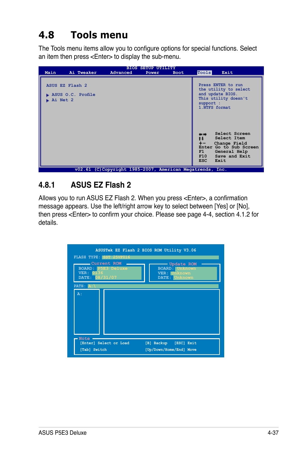 8 tools menu, 1 asus ez flash 2 | Asus P5E3 DELUXE/WiFi-AP User Manual | Page 107 / 186