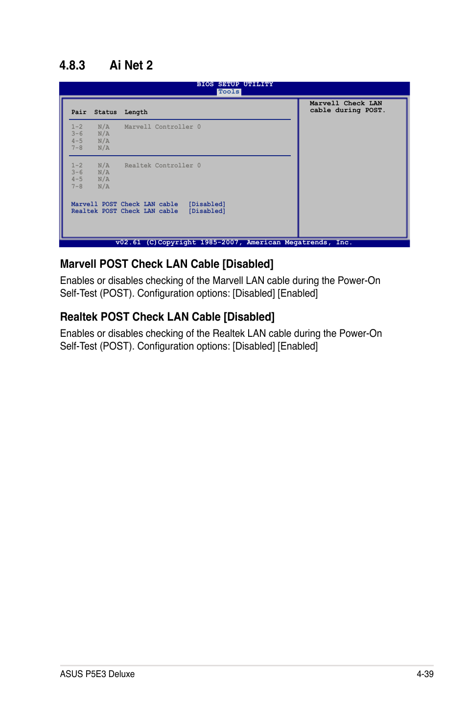 3 ai net 2, Marvell post check lan cable [disabled, Realtek post check lan cable [disabled | Asus P5E3 DELUXE/WiFi-AP User Manual | Page 109 / 186