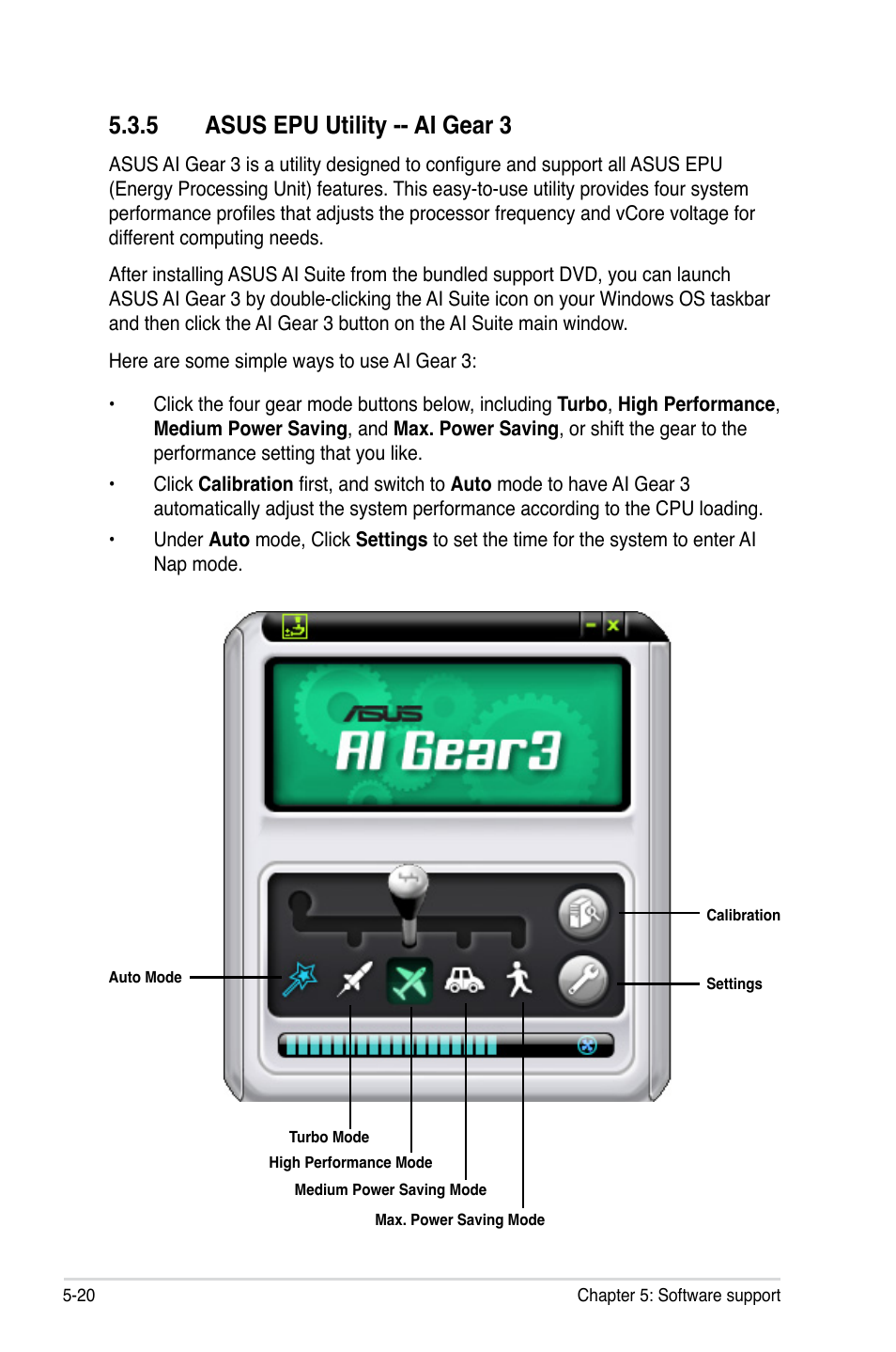 5 asus epu utility -- ai gear 3 | Asus P5E3 DELUXE/WiFi-AP User Manual | Page 132 / 186