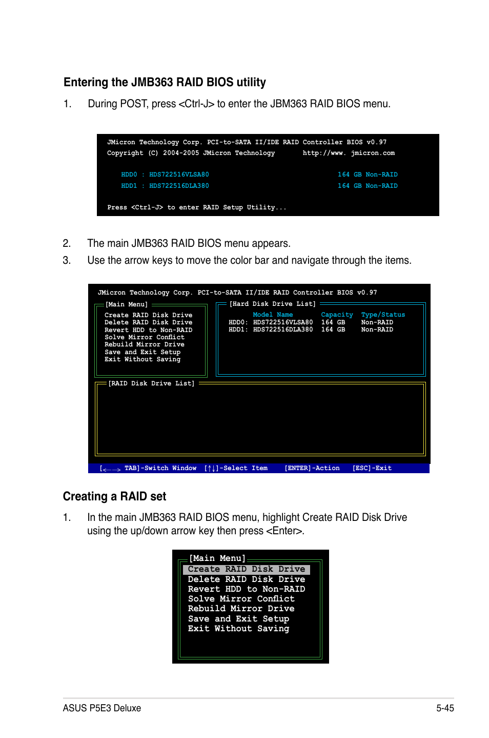 Entering the jmb363 raid bios utility, Creating a raid set | Asus P5E3 DELUXE/WiFi-AP User Manual | Page 157 / 186