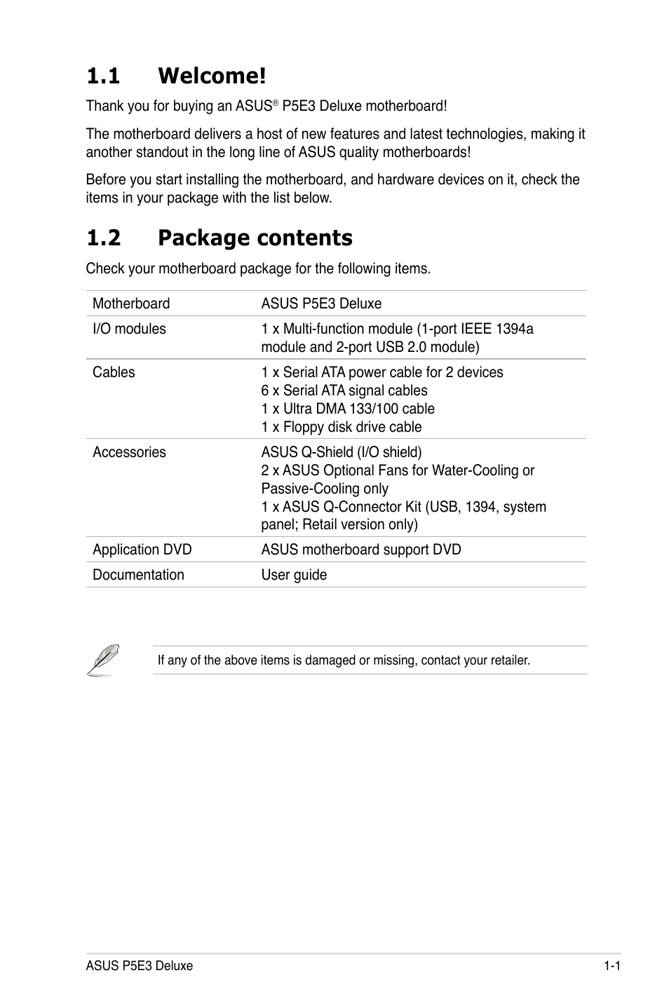 1 welcome, 2 package contents | Asus P5E3 DELUXE/WiFi-AP User Manual | Page 17 / 186