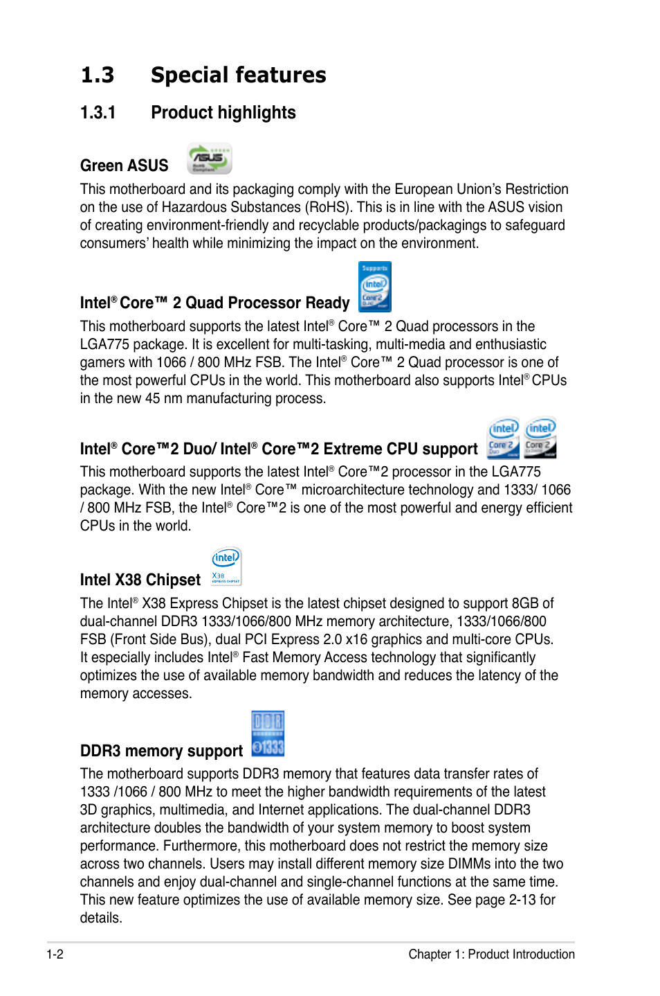 3 special features, 1 product highlights, Green asus | Intel, Core™ 2 quad processor ready, Core™2 duo/ intel, Core™2 extreme cpu support, Intel x38 chipset | Asus P5E3 DELUXE/WiFi-AP User Manual | Page 18 / 186