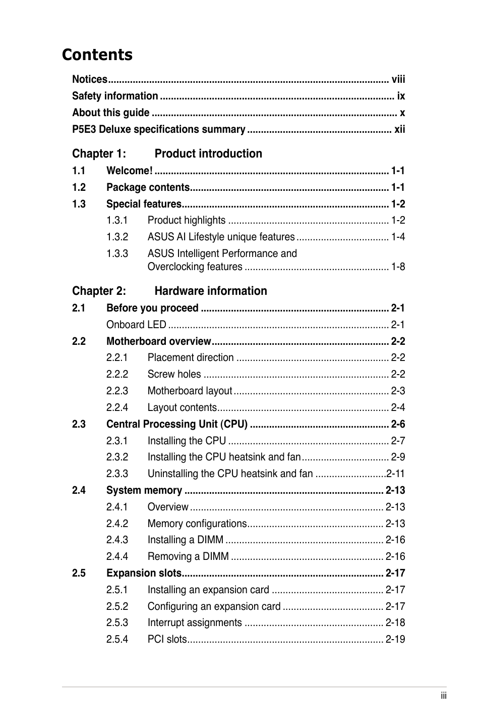 Asus P5E3 DELUXE/WiFi-AP User Manual | Page 3 / 186