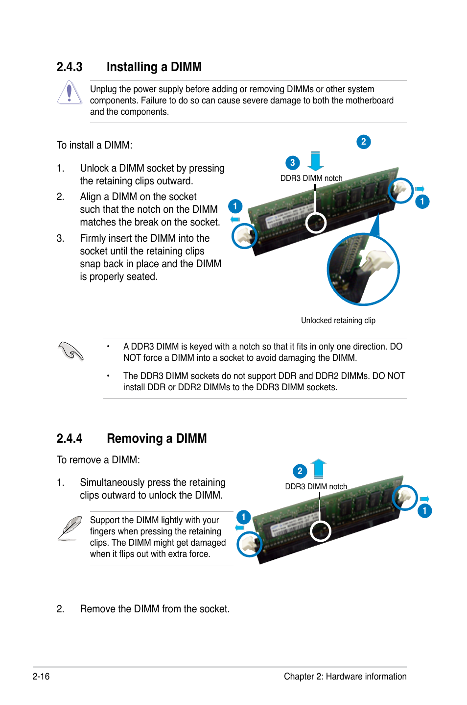 3 installing a dimm, 4 removing a dimm | Asus P5E3 DELUXE/WiFi-AP User Manual | Page 42 / 186