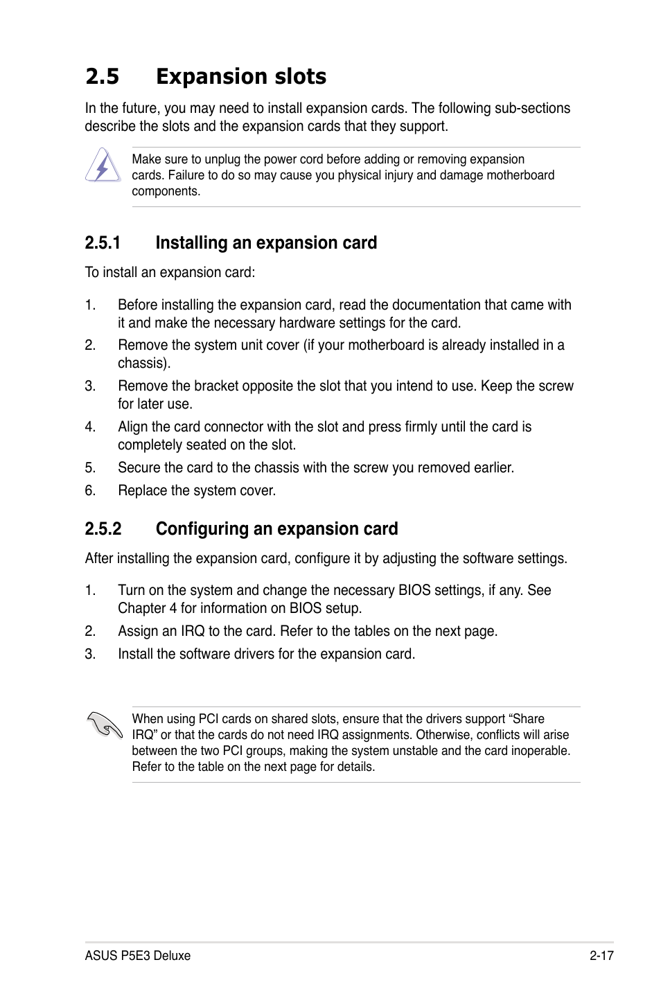 5 expansion slots, 1 installing an expansion card, 2 configuring an expansion card | Asus P5E3 DELUXE/WiFi-AP User Manual | Page 43 / 186