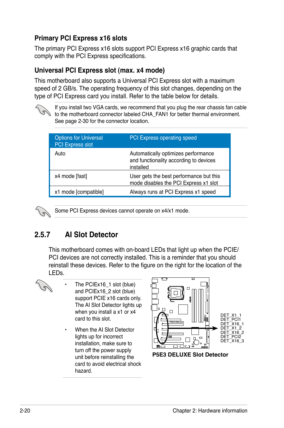 7 ai slot detector, Primary pci express x16 slots, Universal pci express slot (max. x4 mode) | Asus P5E3 DELUXE/WiFi-AP User Manual | Page 46 / 186