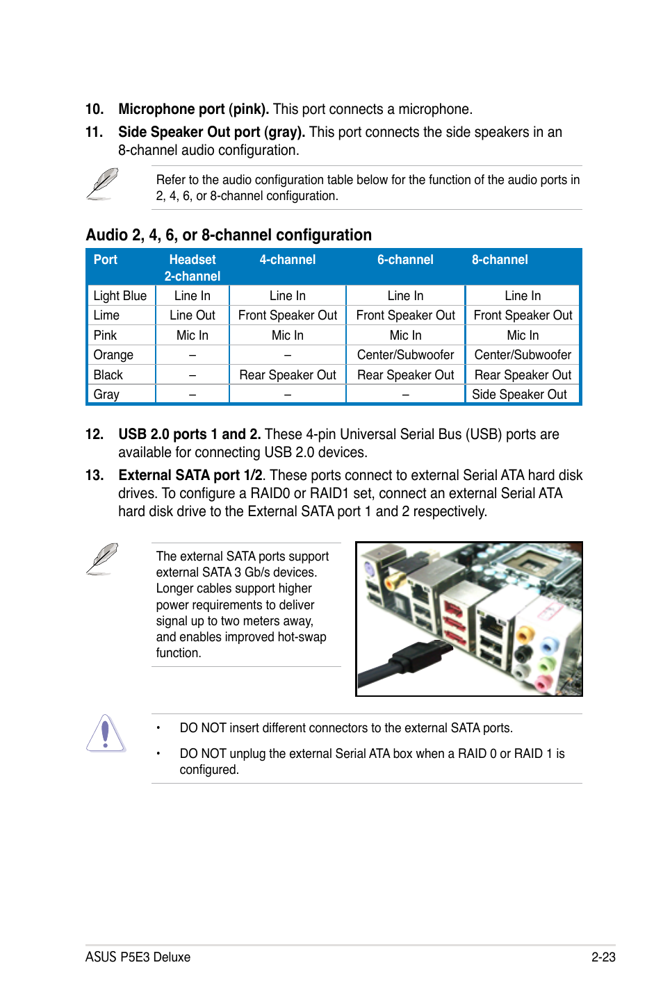 Audio 2, 4, 6, or 8-channel configuration | Asus P5E3 DELUXE/WiFi-AP User Manual | Page 49 / 186