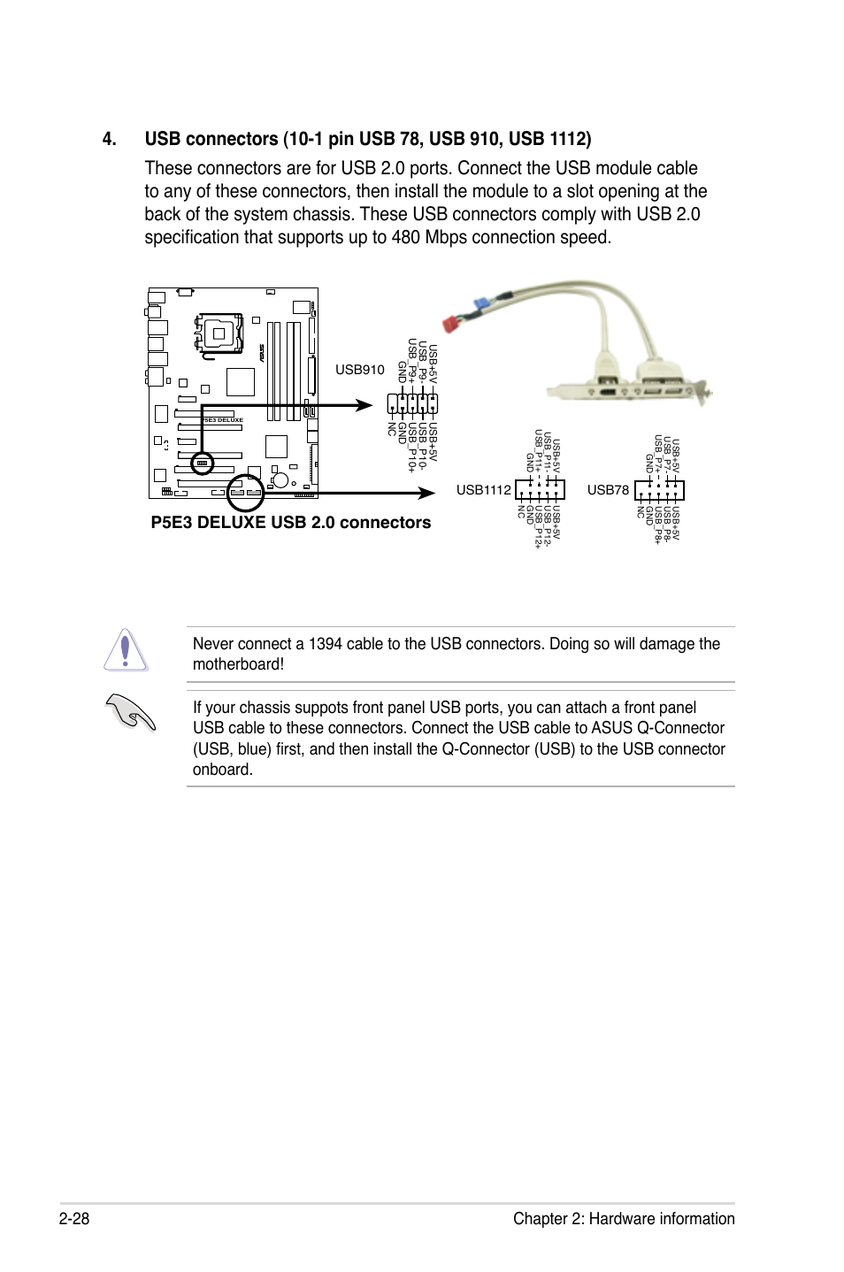 28 chapter 2: hardware information, P5e3 deluxe usb 2.0 connectors | Asus P5E3 DELUXE/WiFi-AP User Manual | Page 54 / 186