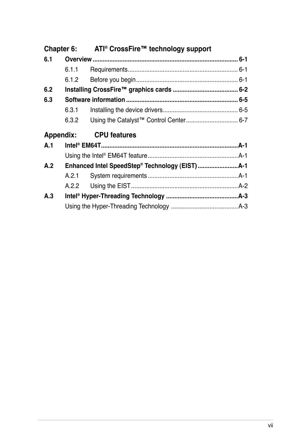 Chapter 6: ati, Crossfire™ technology support, Appendix: cpu features | Asus P5E3 DELUXE/WiFi-AP User Manual | Page 7 / 186