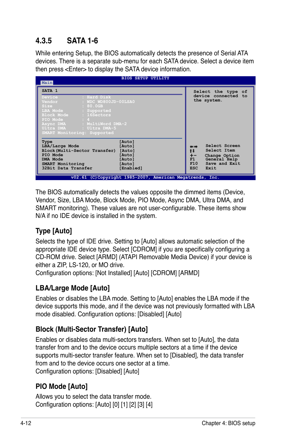 5 sata 1-6, Type [auto, Lba/large mode [auto | Block (multi-sector transfer) [auto, Pio mode [auto | Asus P5E3 DELUXE/WiFi-AP User Manual | Page 82 / 186