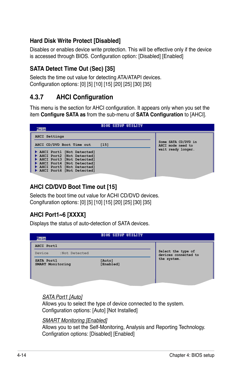 7 ahci configuration, Hard disk write protect [disabled, Sata detect time out (sec) [35 | Ahci cd/dvd boot time out [15 | Asus P5E3 DELUXE/WiFi-AP User Manual | Page 84 / 186