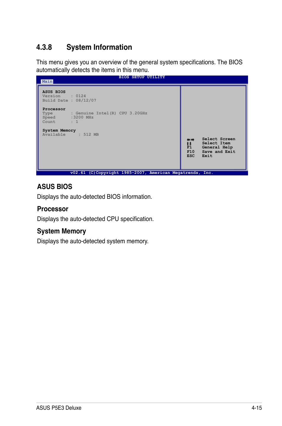 8 system information, Asus bios, Processor | Displays the auto-detected bios information, Displays the auto-detected cpu specification | Asus P5E3 DELUXE/WiFi-AP User Manual | Page 85 / 186