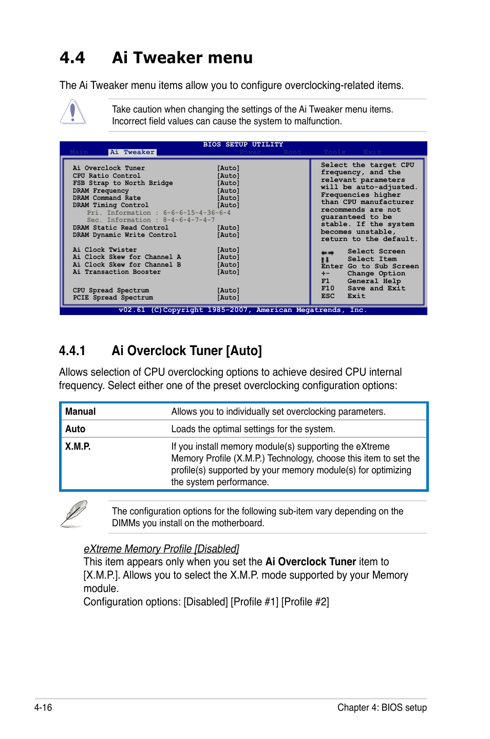 4 ai tweaker menu, 1 ai overclock tuner [auto | Asus P5E3 DELUXE/WiFi-AP User Manual | Page 86 / 186