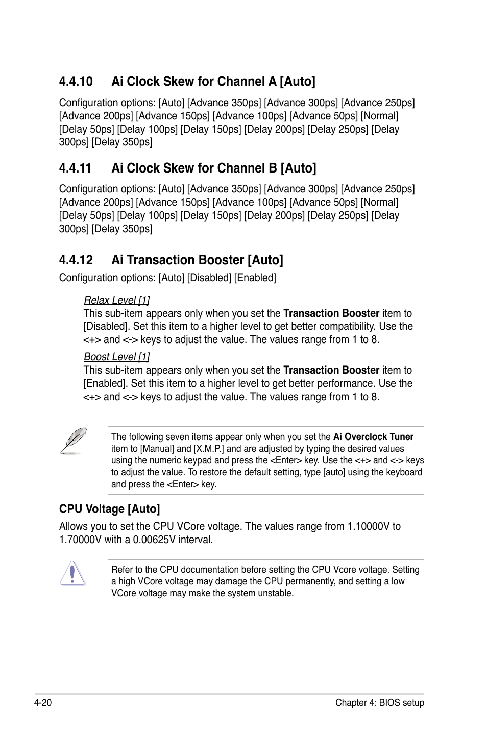 12 ai transaction booster [auto, 10 ai clock skew for channel a [auto, 11 ai clock skew for channel b [auto | Asus P5E3 DELUXE/WiFi-AP User Manual | Page 90 / 186