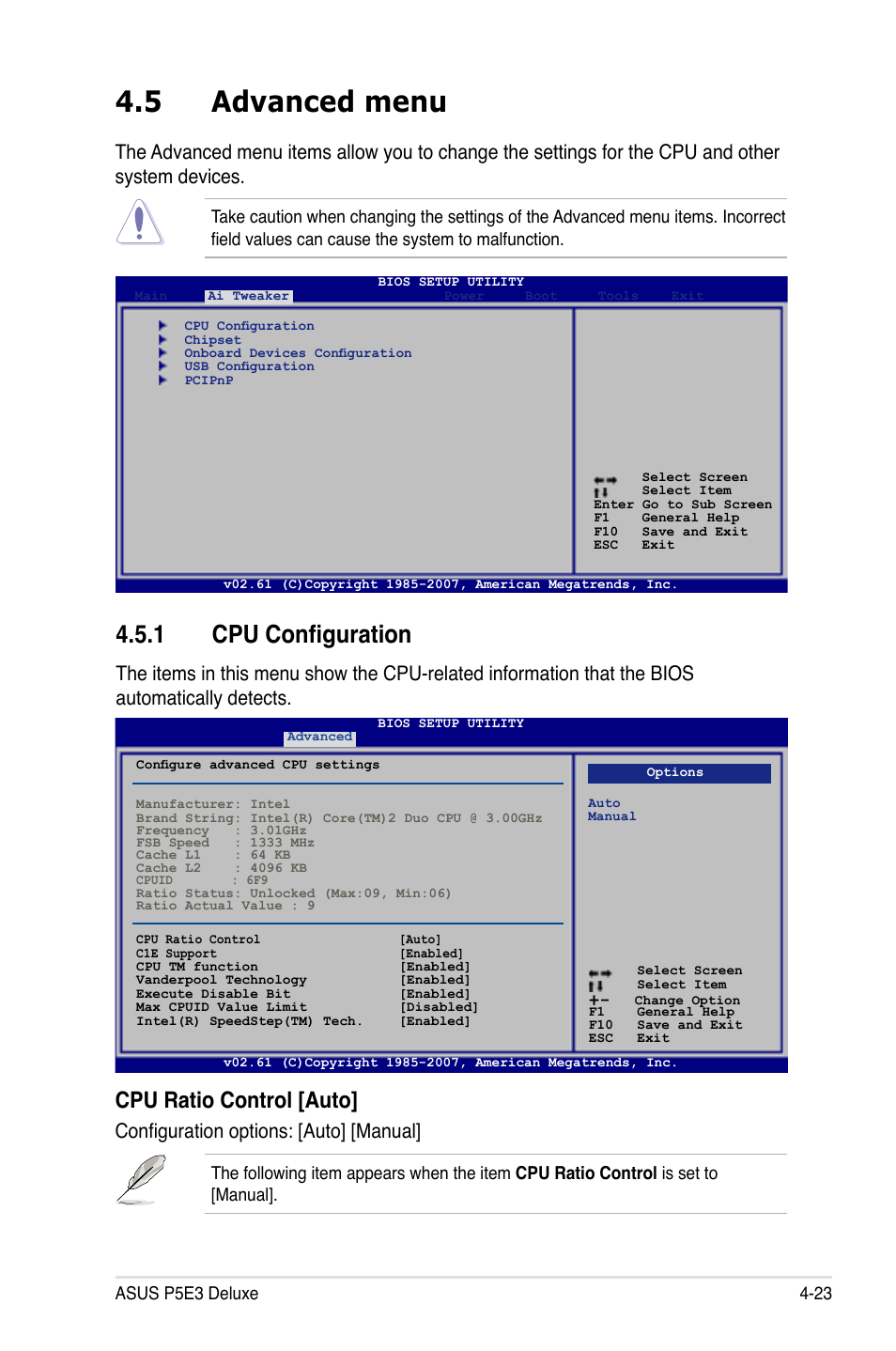 5 advanced menu, 1 cpu configuration, Cpu ratio control [auto | Configuration options: [auto] [manual | Asus P5E3 DELUXE/WiFi-AP User Manual | Page 93 / 186