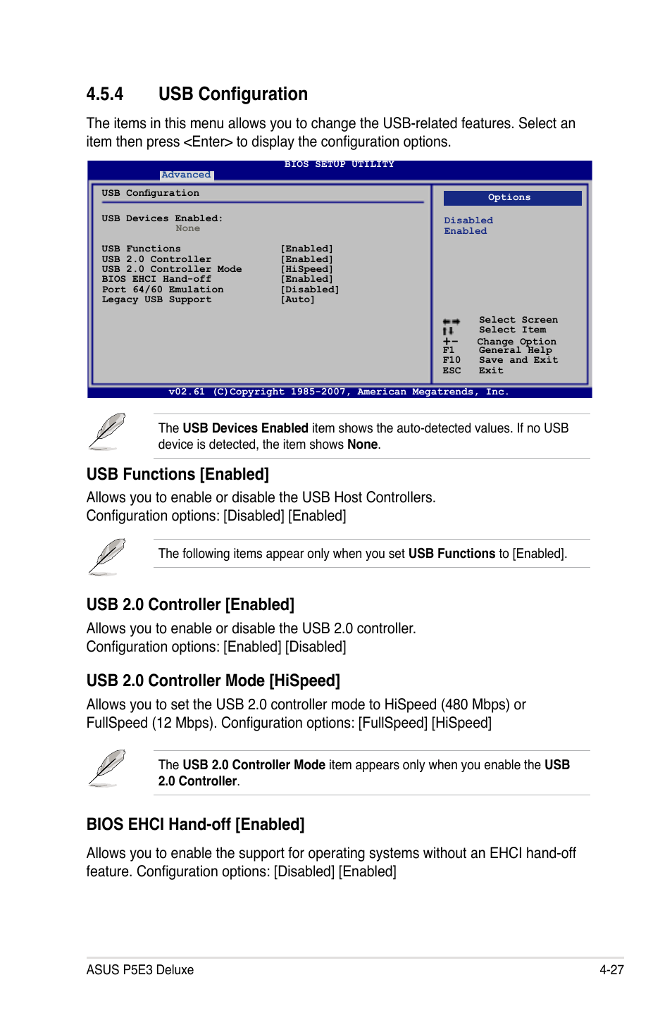 4 usb configuration, Usb 2.0 controller [enabled, Usb 2.0 controller mode [hispeed | Usb functions [enabled, Bios ehci hand-off [enabled | Asus P5E3 DELUXE/WiFi-AP User Manual | Page 97 / 186