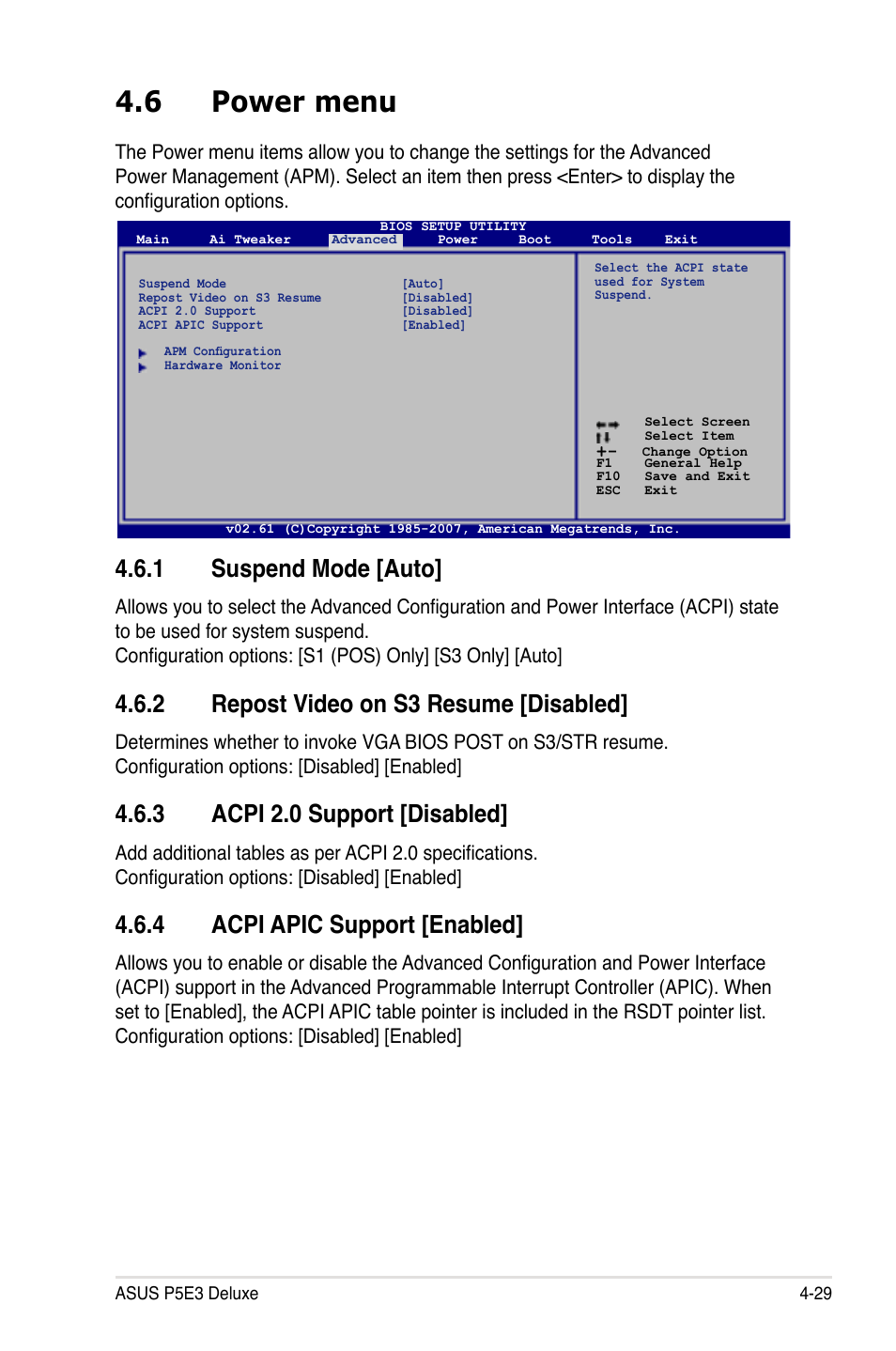 6 power menu, 1 suspend mode [auto, 2 repost video on s3 resume [disabled | 3 acpi 2.0 support [disabled, 4 acpi apic support [enabled | Asus P5E3 DELUXE/WiFi-AP User Manual | Page 99 / 186