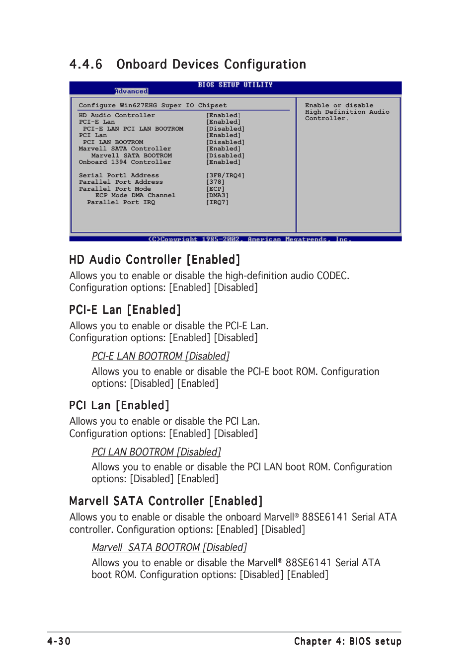 Hd audio controller [enabled, Pci-e lan [enabled, Pci lan [enabled | Marvell sata controller [enabled | Asus P5WDG2 WS Professional User Manual | Page 104 / 170