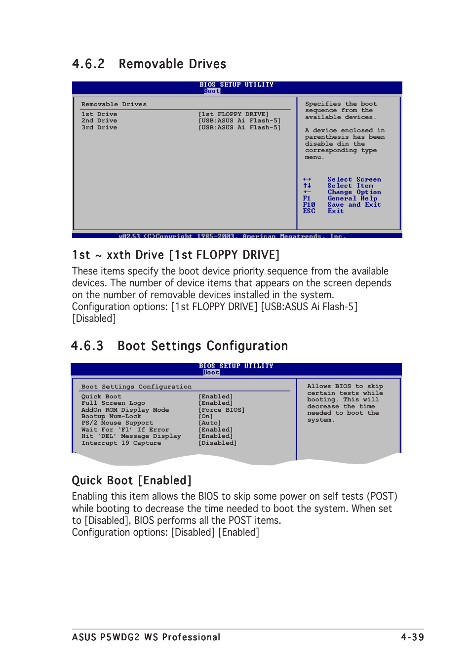 1st ~ xxth drive [1st, Quick boot [enabled | Asus P5WDG2 WS Professional User Manual | Page 113 / 170