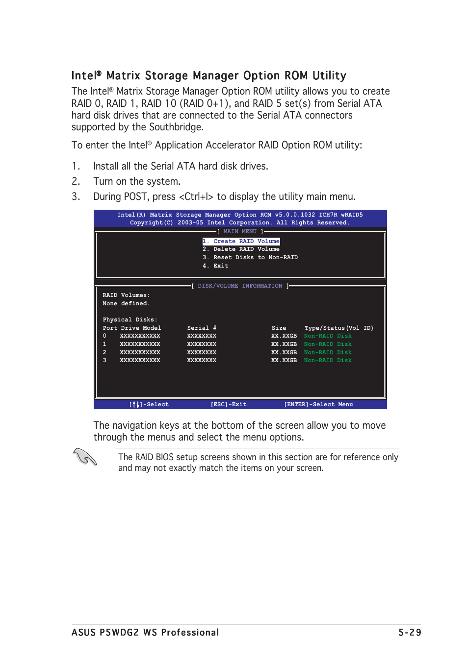 Intel, Matrix storage manager option rom utility, The intel | Asus P5WDG2 WS Professional User Manual | Page 135 / 170