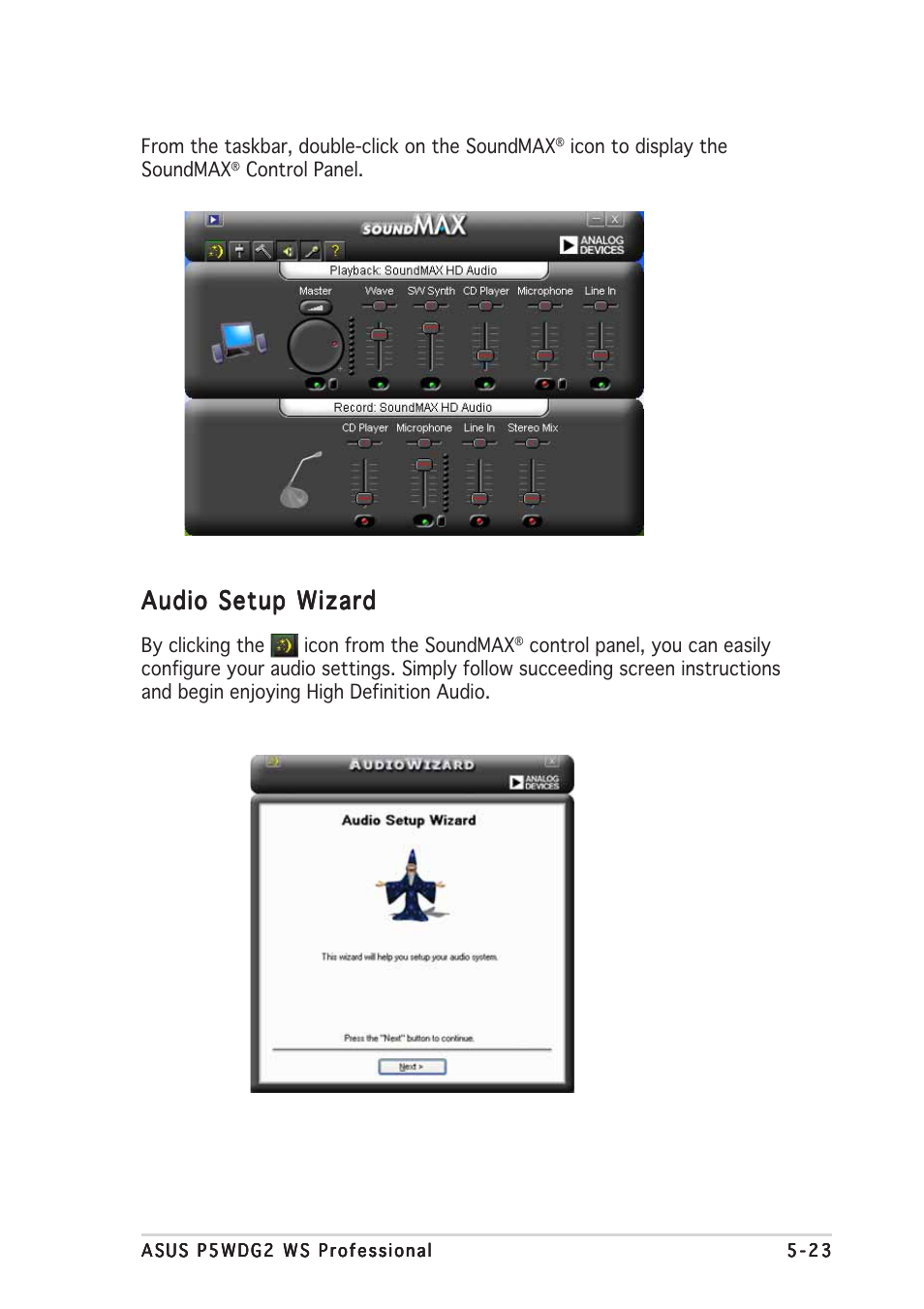 Audio setup wizard | Asus P5WDG2 WS Professional User Manual | Page 161 / 170