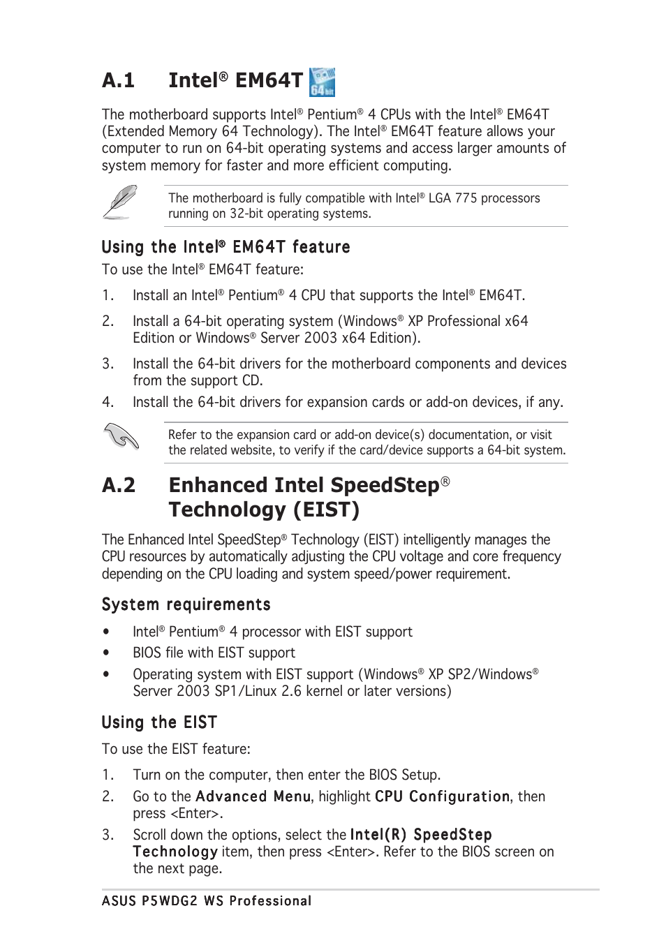 A.1 intel, Em64t, A.2 enhanced intel speedstep | Technology (eist) | Asus P5WDG2 WS Professional User Manual | Page 167 / 170