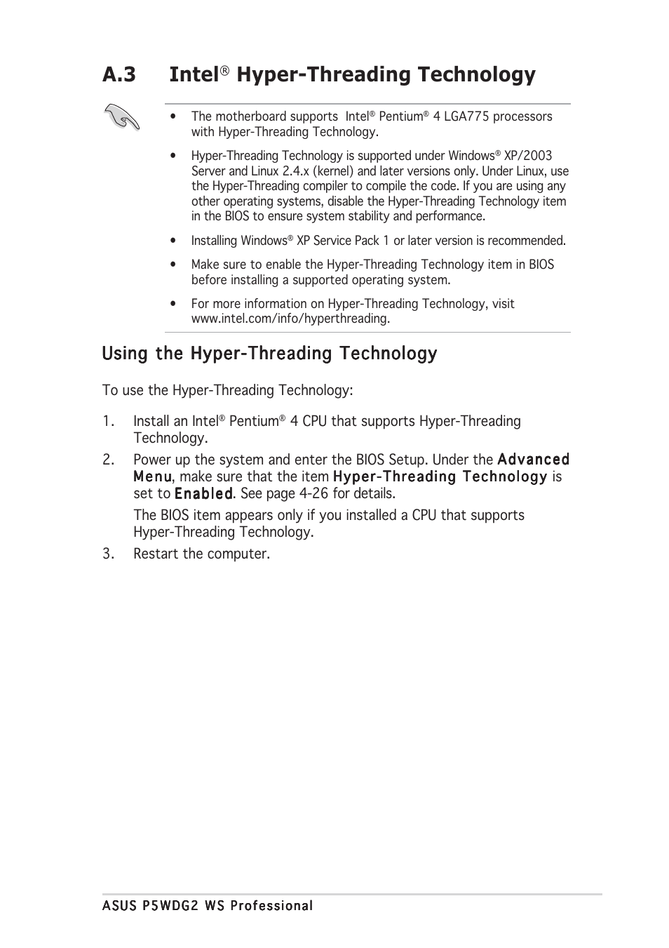 A.3 intel, Hyper-threading technology, Using the hyper-threading technology | Asus P5WDG2 WS Professional User Manual | Page 169 / 170