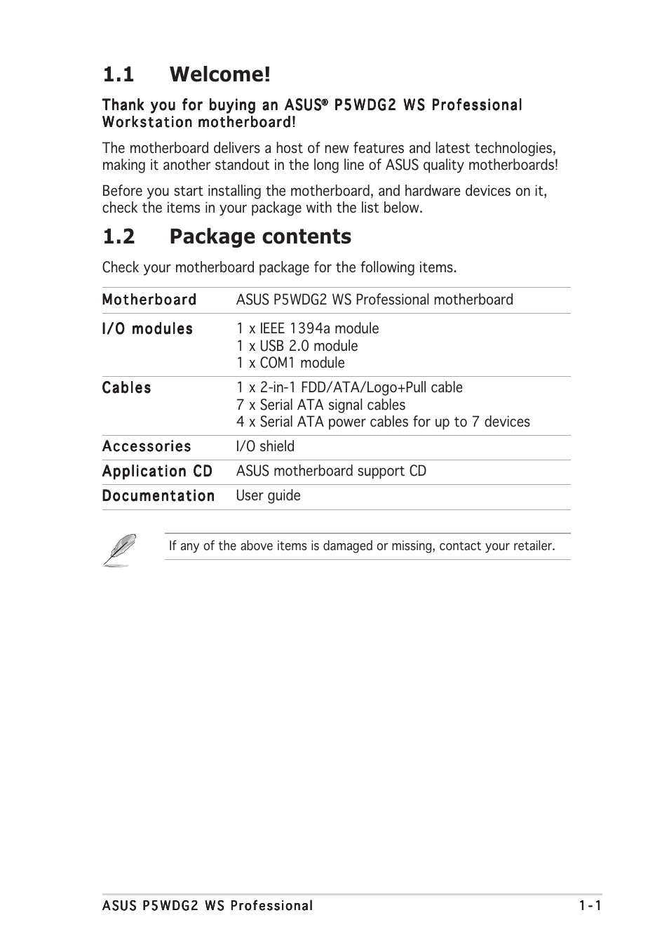 1 welcome, 2 package contents | Asus P5WDG2 WS Professional User Manual | Page 17 / 170