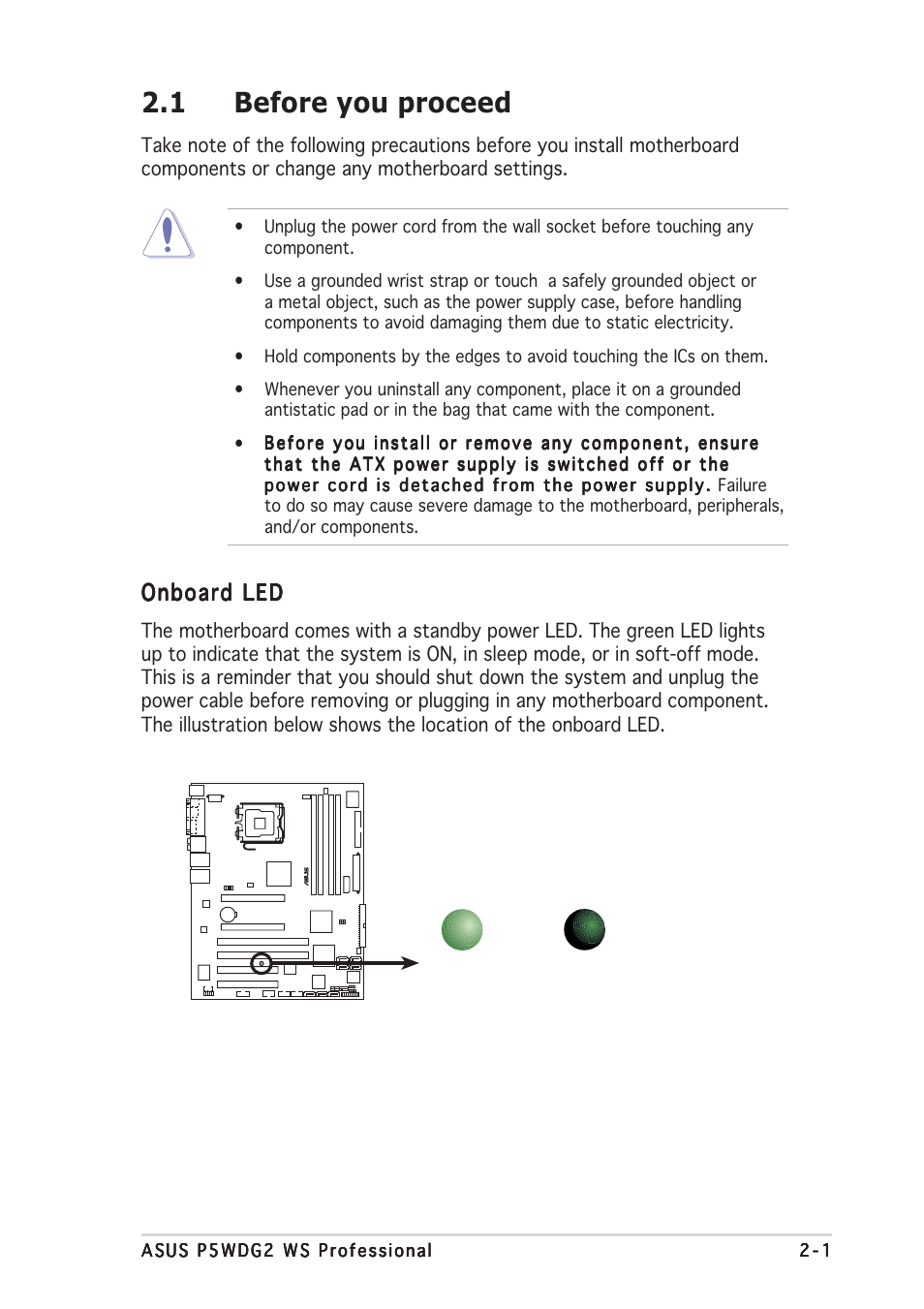 1 before you proceed, Onboard led | Asus P5WDG2 WS Professional User Manual | Page 27 / 170