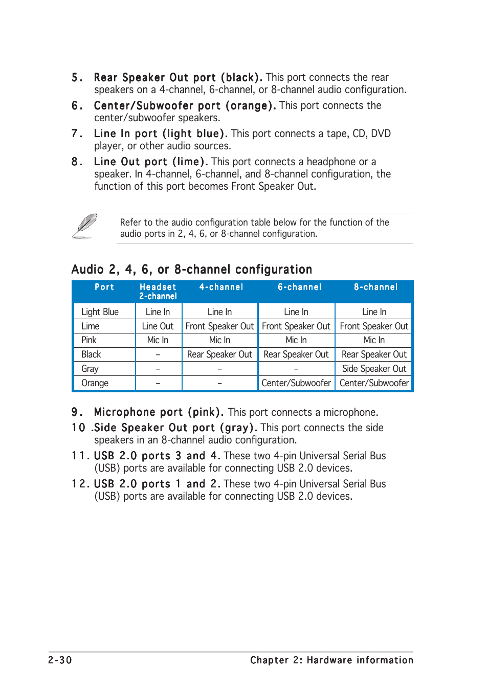 Audio 2, 4, 6, or 8-channel configuration | Asus P5WDG2 WS Professional User Manual | Page 56 / 170