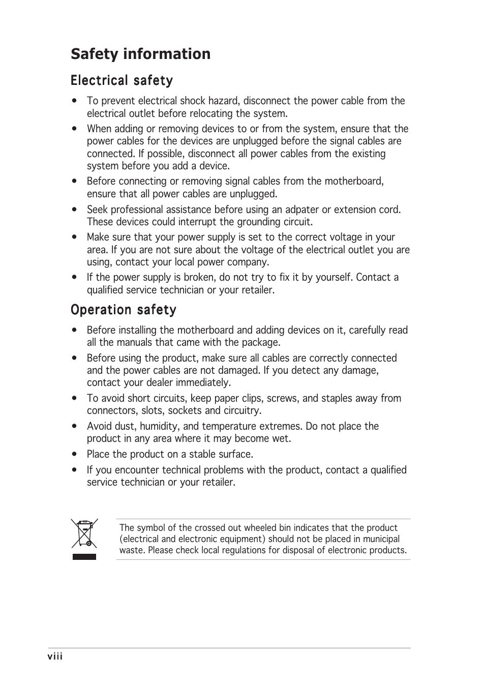 Safety information | Asus P5WDG2 WS Professional User Manual | Page 8 / 170